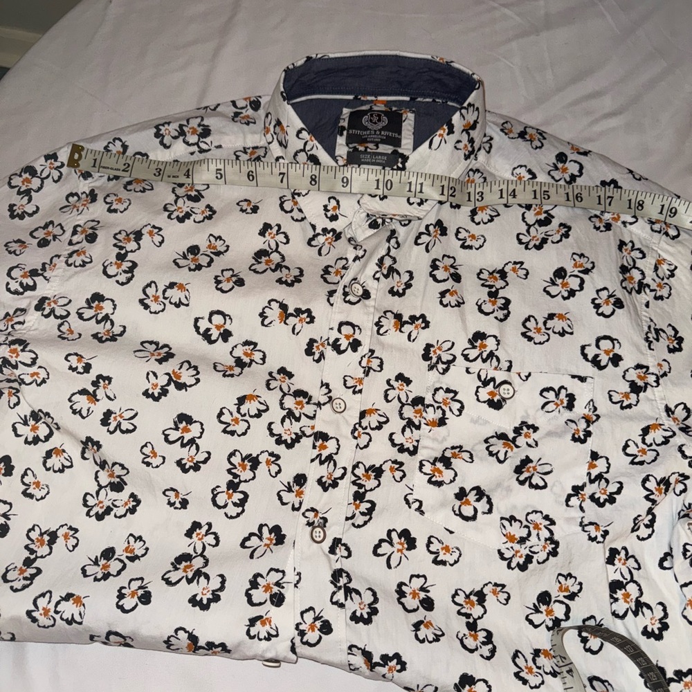Men's shirt, size L, in white, black, and orange.